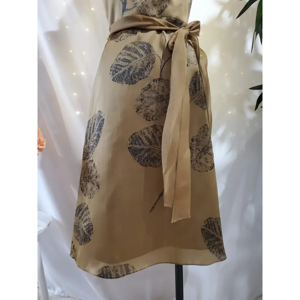 Talbots Vtg 100% Silk Leaf Tie Waist Strapless Dress Womens Size 10 Gold Beige